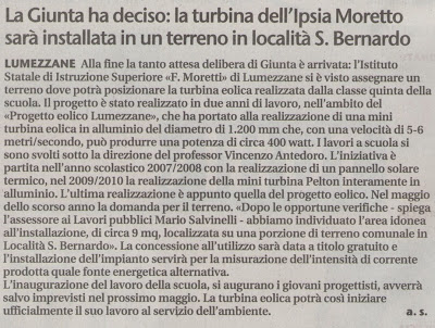 Articolo delibera Giunta Lumezzane concessione mini turbina eolica